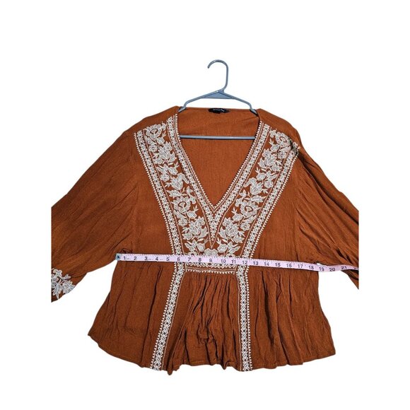 American Eagle Women’s Large Rust Embroidered Peasant Blouse Boho Top Cottage - Picture 6 of 7